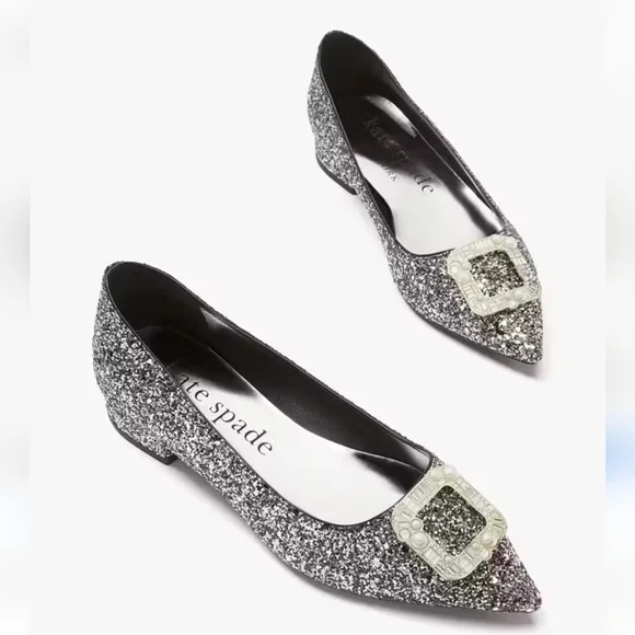Kate Spade Silver Buckle Up Glitter Flats Size